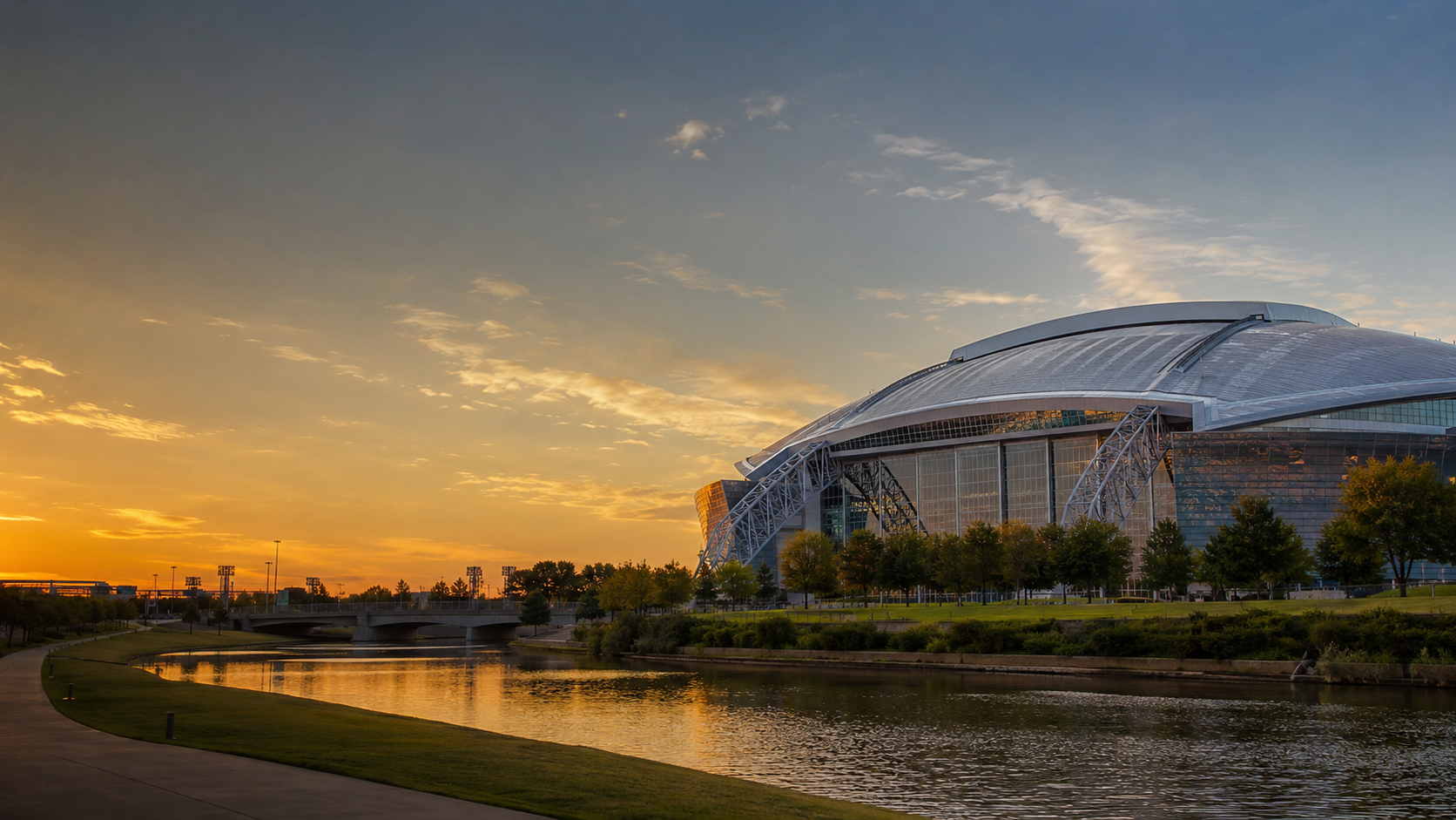 Arlington entertainment district and stadium area at sunset