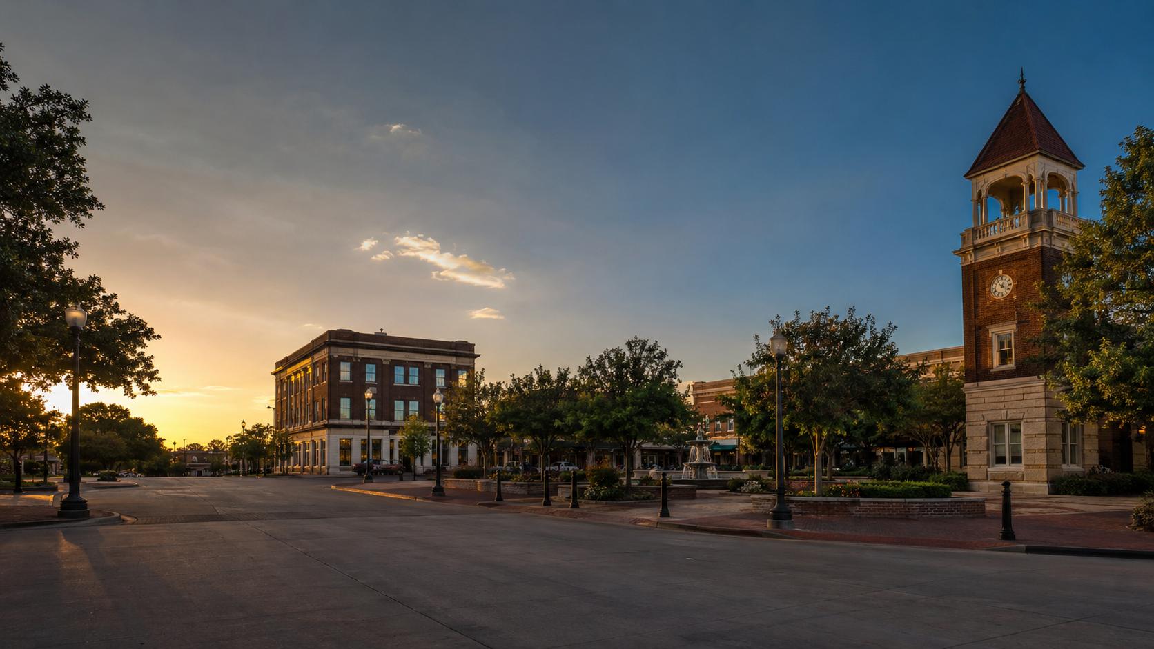 Downtown Garland square and clock tower at sunset
