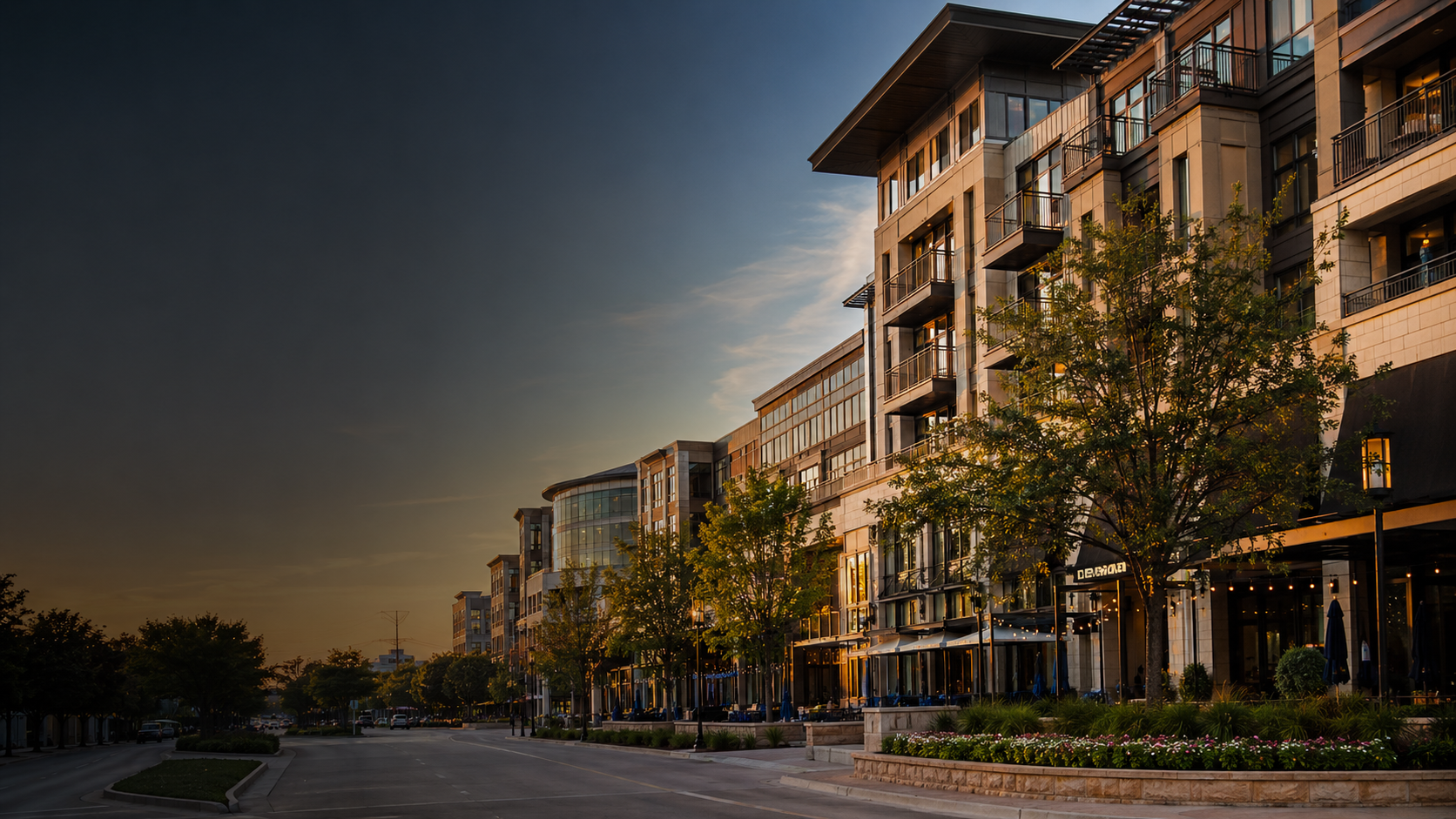 Modern Plano Legacy West style district at sunset